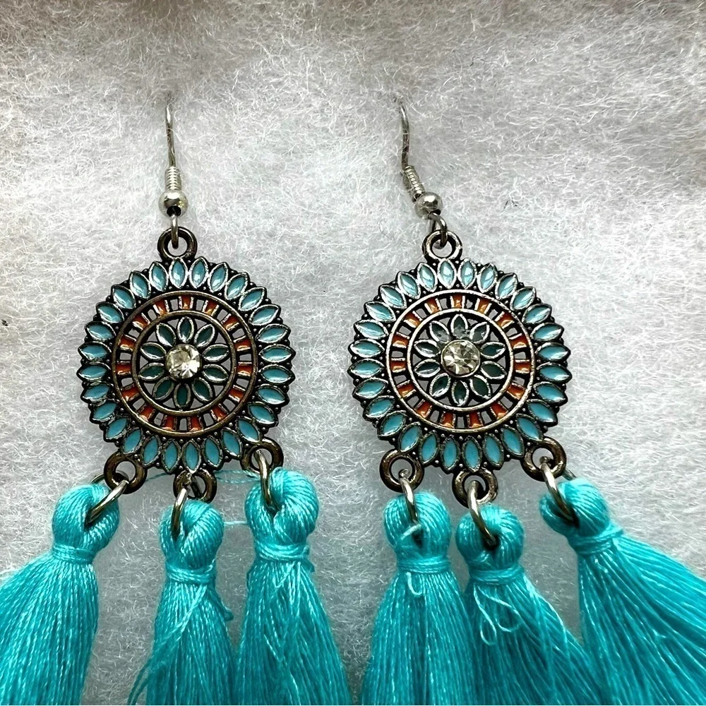 Blue Tassel Boho Flower Rarrings